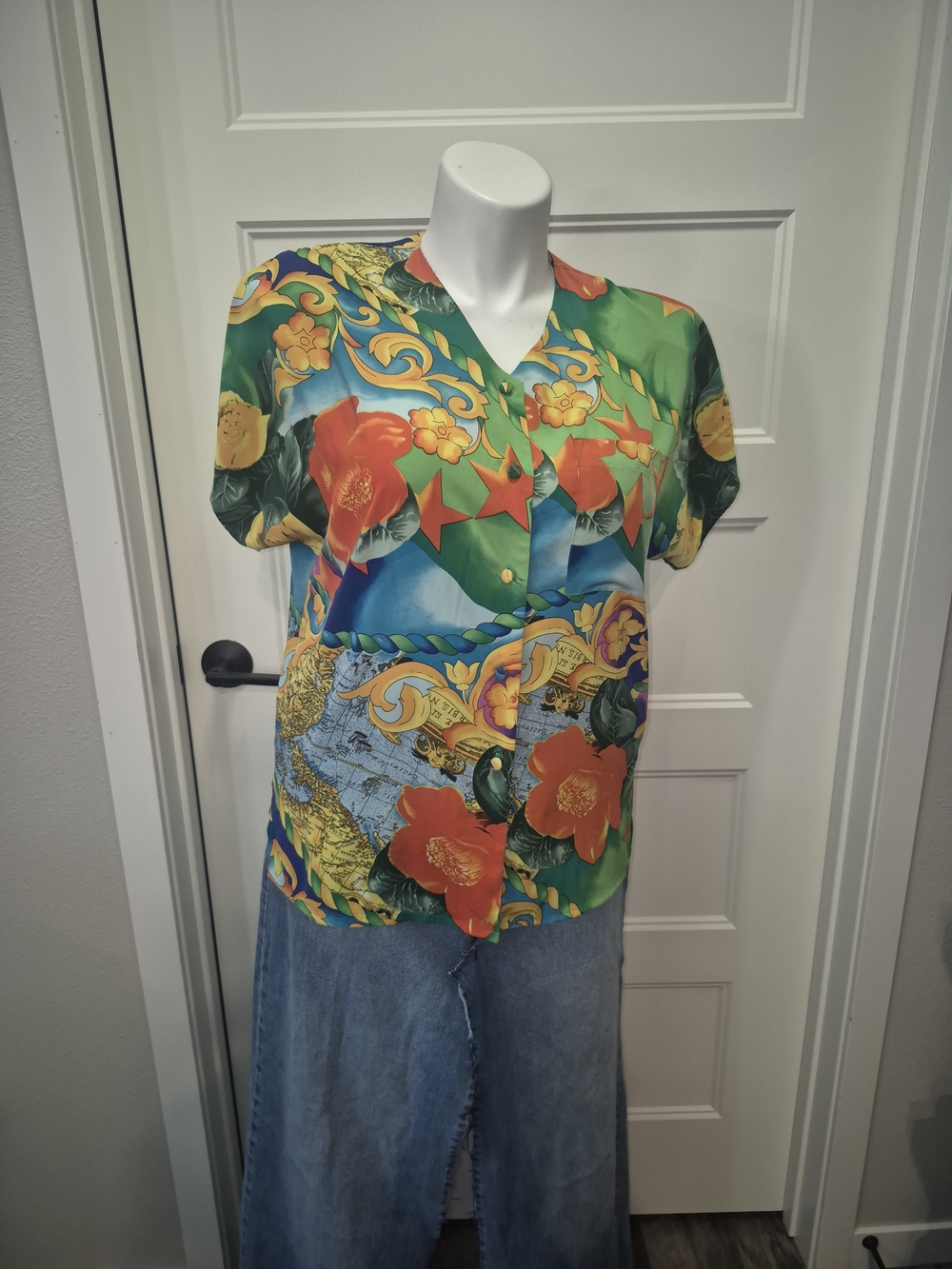 Westbound Multicolor Floral Button-Front Short Sleeve Top - Green & Orange